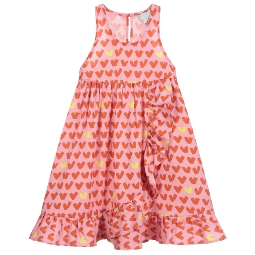 Stella McCartney Kids Girls Red Hearts Pink Twill Dress With Frills Size 2 Years